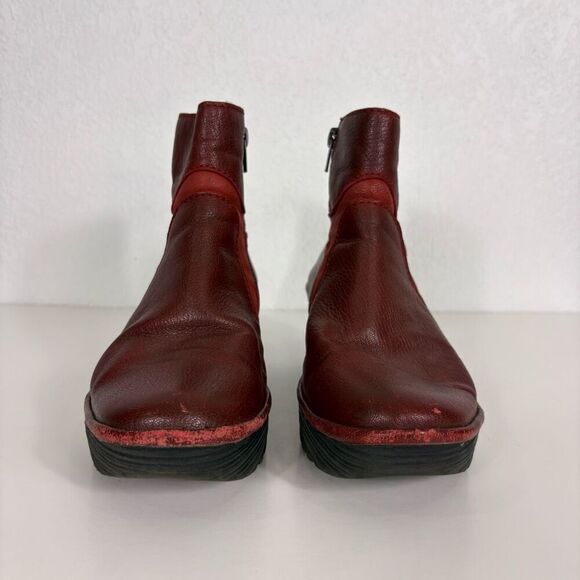 Fly London Red Leather Mid Calf Wedge Booties Size 8-8.5 - Picture 4 of 10